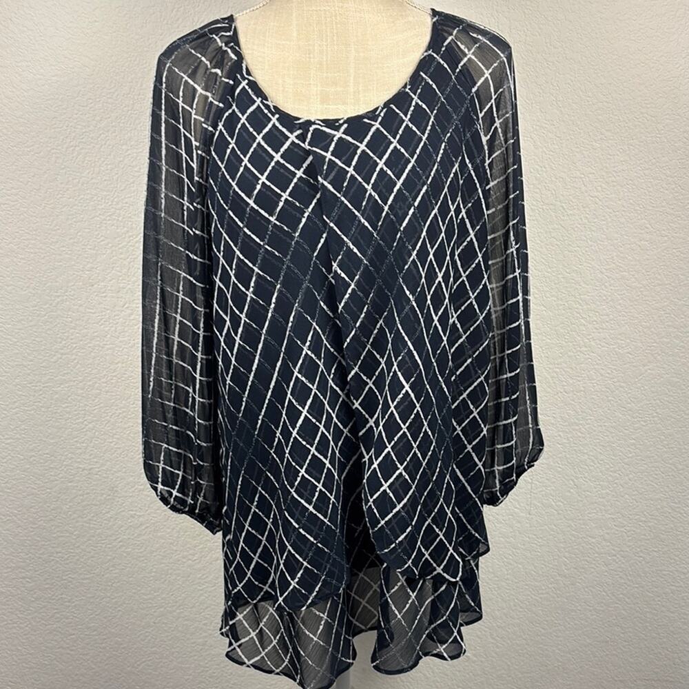 Blousology Navy Blue White Geometric Layered Blouse Lagenlook Workwear Casual XL